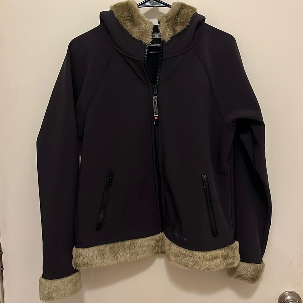 Marmot Furlong Jacket Black W/Tan Faux Fur Trim‎ Hooded Zip Front Pockets Large